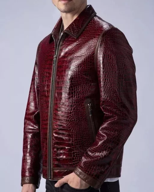 Abez Red Crocodile Embossed Biker Jacket - Men's Real Leather Casual Coatwear 2