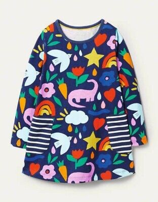 MINI BODEN GIRLS Jersey DINO Printed Tunic DRESS With Pockets NAVY BRAND NEW