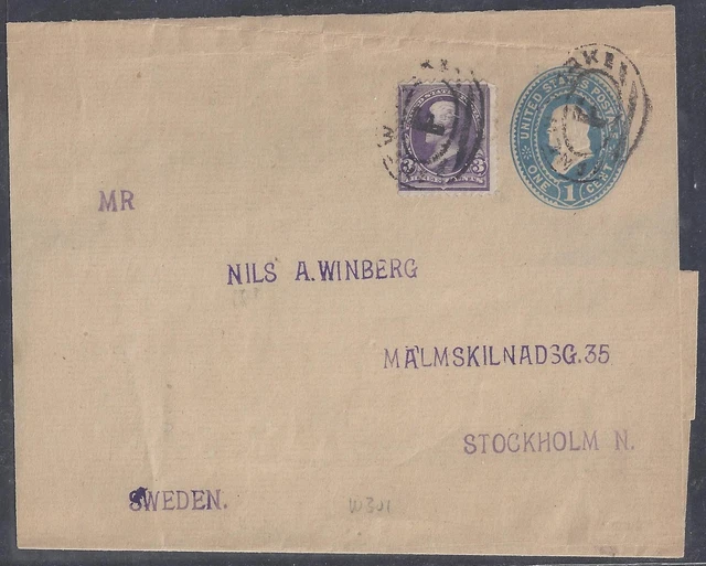 US 1895 UPRATED NEWSPAPER WRAPPER W301 PLUS Sc 253 TO STOCKHOLM SWEDEN