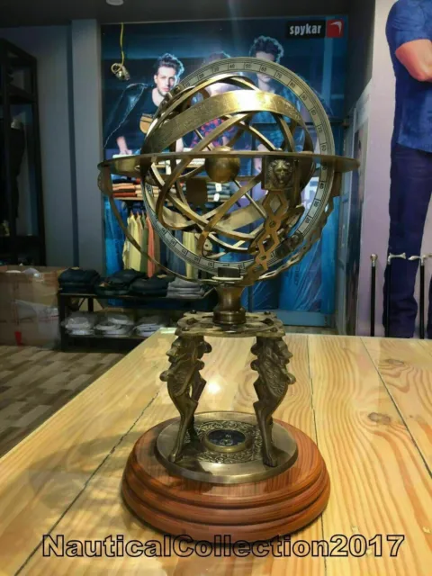 Brass Armillary Sphere World Globe Lion Engraved Decorative Item 18 Large Style