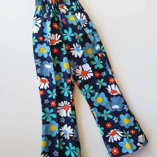 Size 8 Kids 70s Deadstock Flower Power Flares Blue Unused Hippy Boho Vintage