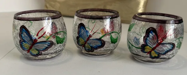 Vintage Floral Butterfly Crackle Painted Glass Yankee Votive Candle Holder set 3