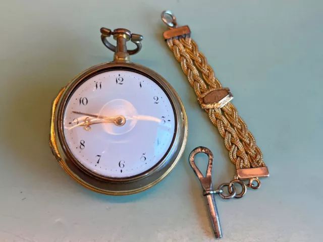 Antique Gilt Pair Case Verge Pocket Watch with chain & key