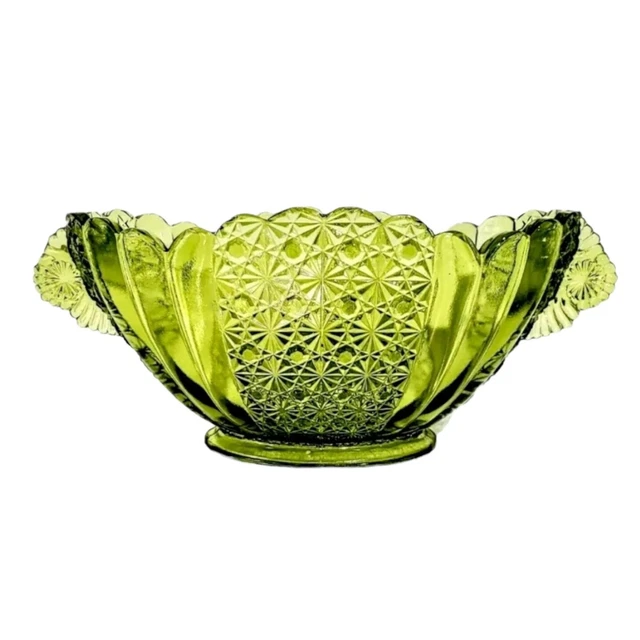 Tazón central vintage Fenton Glsss margarita y botón borde festoneado verde