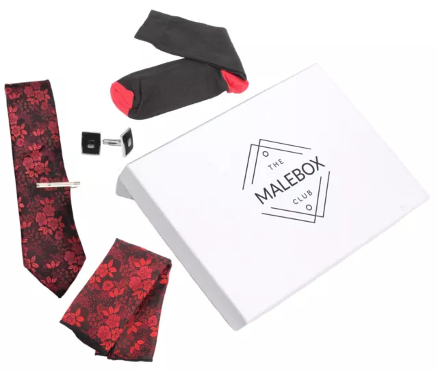 5 pc Gift Set TIE Handkerchief CUFFLINKS Socks TIE CLIP Boxed BLACK RED Silver
