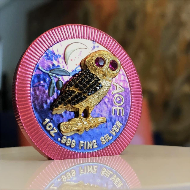 2021 Niue $2 Athenian Owl Purple -1Oz Silver Coin Swarovski Crystals