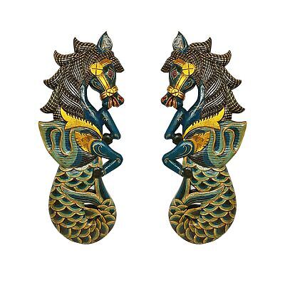 Balinese Winged Seahorse Wood Wall art Panel Merhorse Mermaid Hand Carved teal