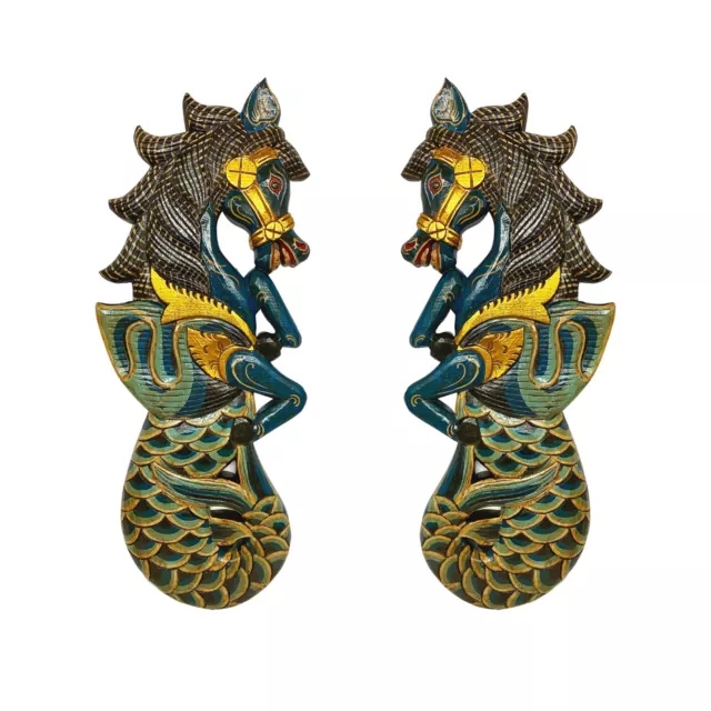 Balinese Winged Seahorse Wood Wall art Panel Merhorse Mermaid Hand Carved teal