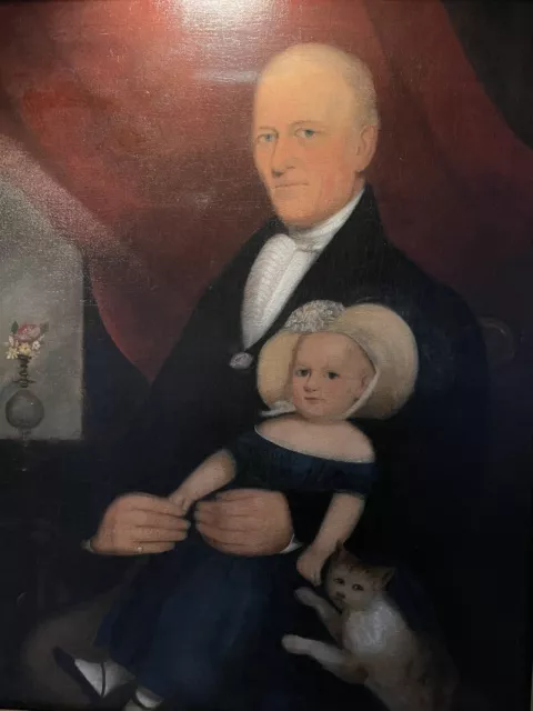 STUNNING Early 19TH CENTURY AMERICAN FOLK Painting Father And Child An Pet Cat 2