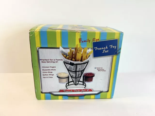 French Fry Cone Shape Metal  Basket Holder With 2 glass dip holders, 50’s Diner