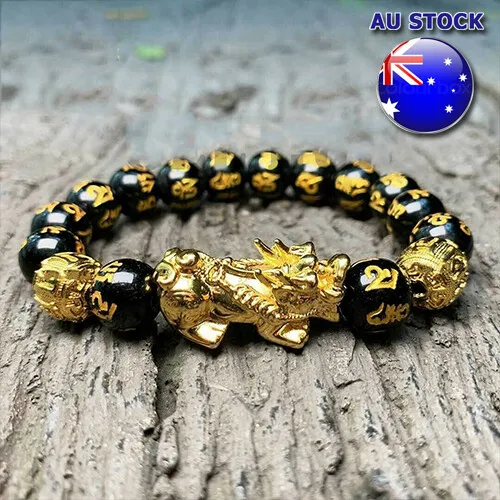 Black Obsidian Bracelet Alloy Feng Shui Attract Wealth Good Luck Jewellery Gift