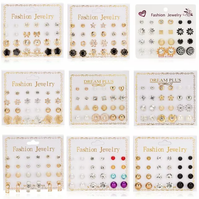 12/20Pair Wholesale Earrings Set Stud Crystal Rhinestone Pearl Jewelry Set Women 3