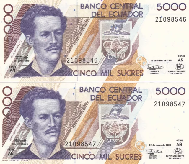 EQUATEUR 2 Billets de Banque à la suite de 5000 Sucres 1999 NEUF