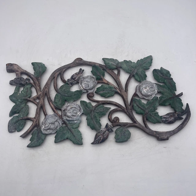 Vtg MCM Painted Cast Aluminum Roses Leaves Birds Sparrows Fence? Gate? Section