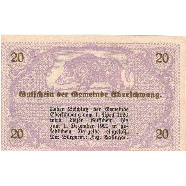[#287911] Austria, Eberschwang, 20 Heller, sanglier, 1920-12-01, UNC, Mehl:FS 14
