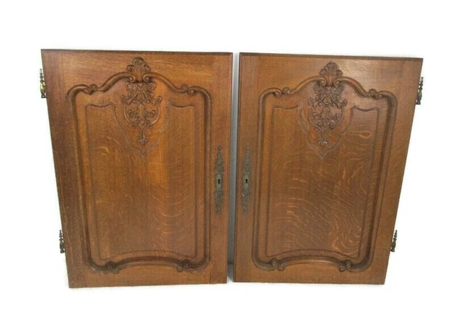 Pair Antique Hand Carved Oak Pheasants Door Panels Reclaimed Architectural Kitch