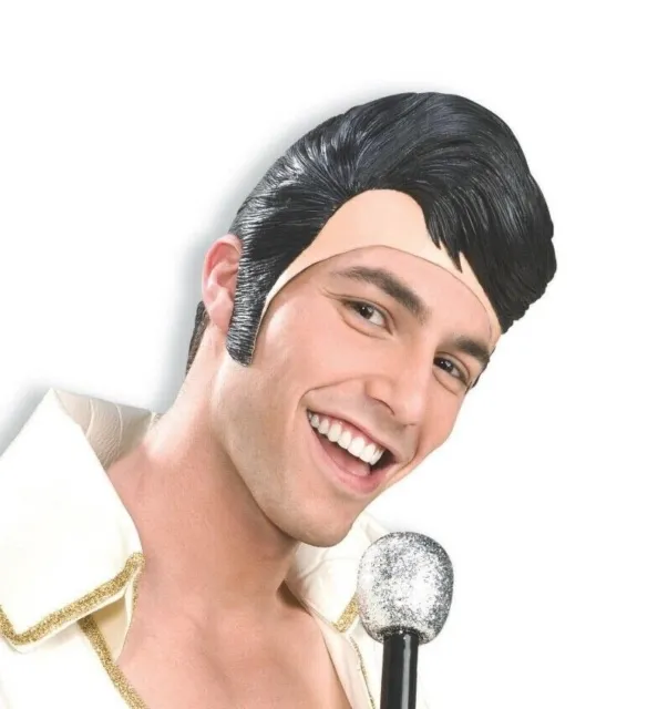 ELVIS RUBBER WIG MASK Sideburns Fake Black Latex Hair Presley Funny Adult Hat