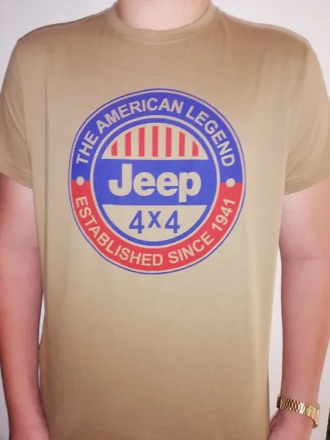 T SHIRT beige JEEP THE AMERICAN LEGEND US WW2  WILLYS FORD 4X4 MB GPW M 201 TEE