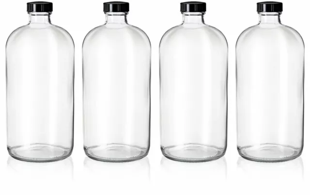 4 Pack - 32oz Boston Round Clear Glass Growler Bottles- with Phenolic Poly Cone