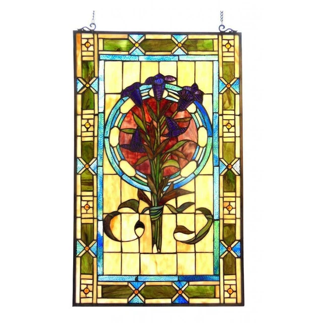 Floral Design Tiffany Style Stained Glass Window Panel Suncatcher Victorian