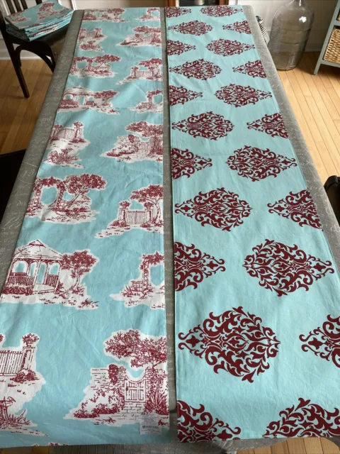 Split P Reversible Table Runner 72" X 13" Aqua Red Toile Medallion New With Tags