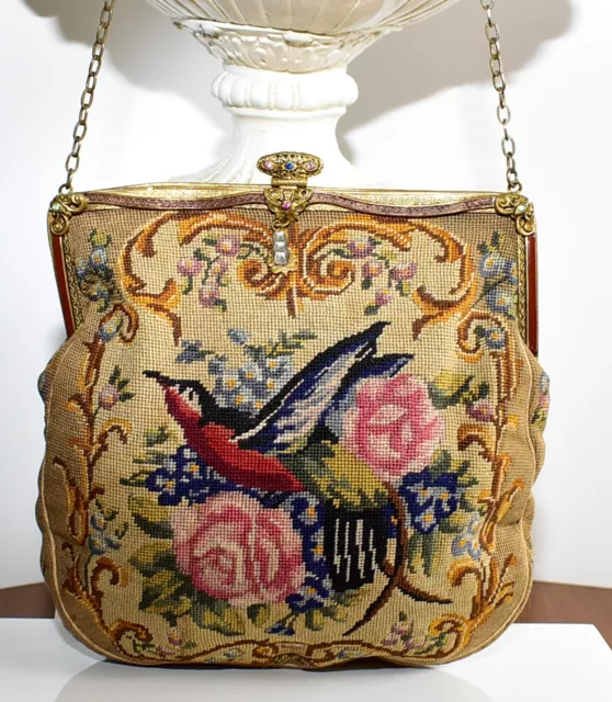 JUST BEAUTIFUL Antique PETIT POINT 2 Sided JEWELED Birds ROSES Purse OUTSTANDING