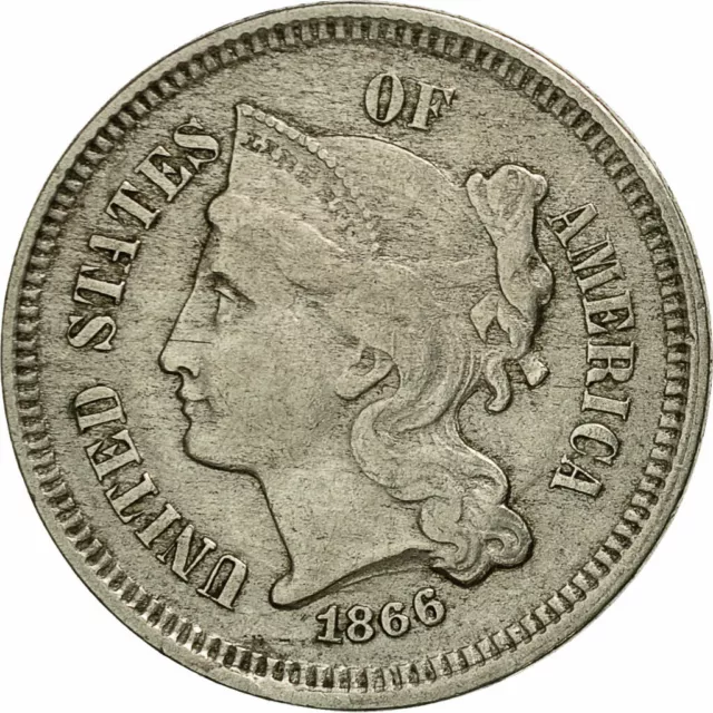 [#453130] Coin, United States, Nickel 3 Cents, 1866, U.S. Mint, Philadelphia, AU