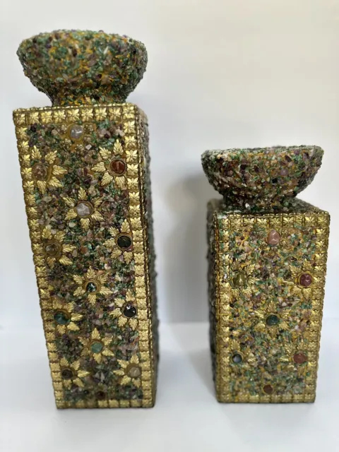 Natural Stones Gold Candle Holders Handcrafted Unique Set Of 2 Vintage