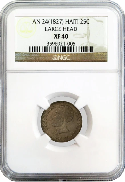 1827 AN24 25C Republic Of Haiti 25 Centimes Silver Large Head NGC XF40