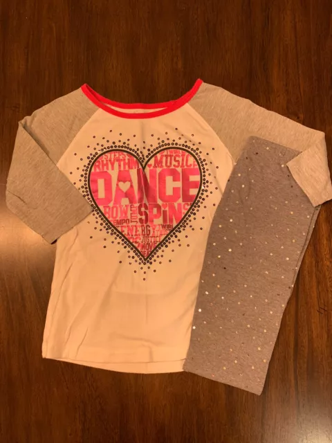 Justice Girls Dance Gray Pink Shirt and Childrens Place Leggings 8