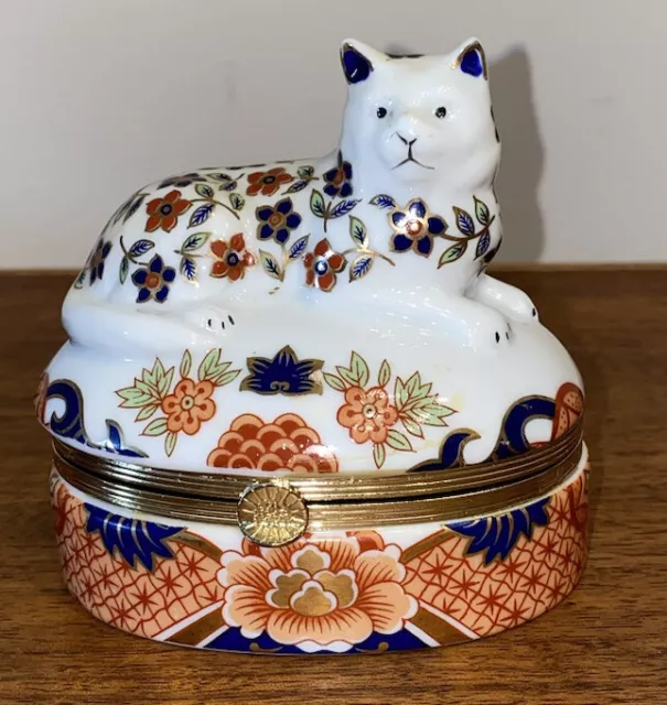 Beautiful Andrea By Sadek Cat Trinket Box Imari Japan 4” Excellent
