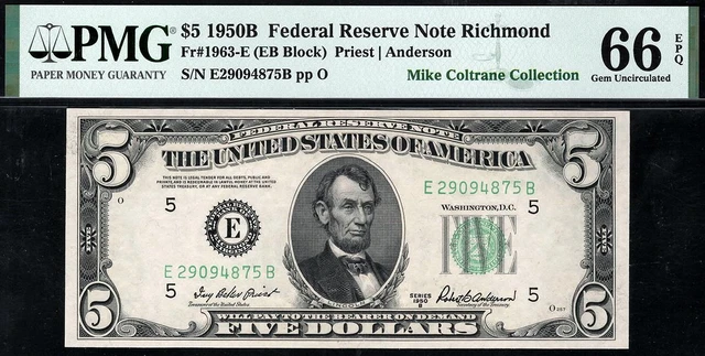 1950b $5 Richmond Federal Reserve Note FRN • PMG 66 EPQ • Fr.1963-E