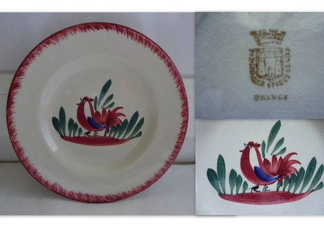 Ancienne Assiette A Dessert  Decor Au Coq  Gien   D: 18,2 Cm