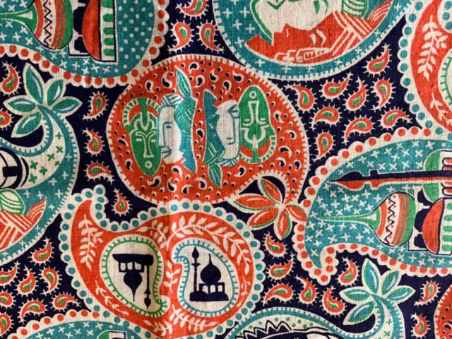 30s 40s Flour Feed Sack Fabric Mid Eastern Print  Orange Turquoise 36x40 VTG