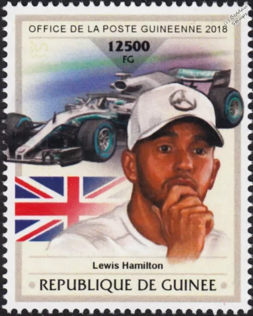 LEWIS HAMILTON & MERCEDES Formula One F1 GP Racing Car/Flag Stamp (2018 Guinea)