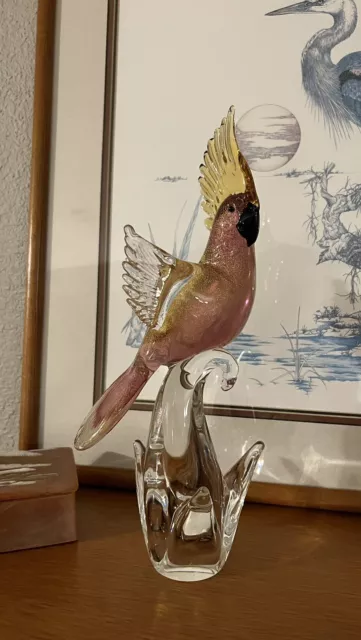 Peach & Gold Murano Style Glass Parrot Cockatoo Bird Figurine 13”