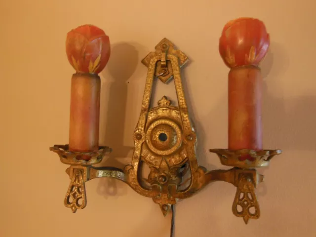 Vintage Halcolite Wall Sconce Light 1920's Cast Iron Gothic w/ Red Rose Bulbs