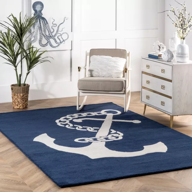 nuLOOM Handmade Coastal Anchor Nautical Wool Area Rug in Navy and Off White
