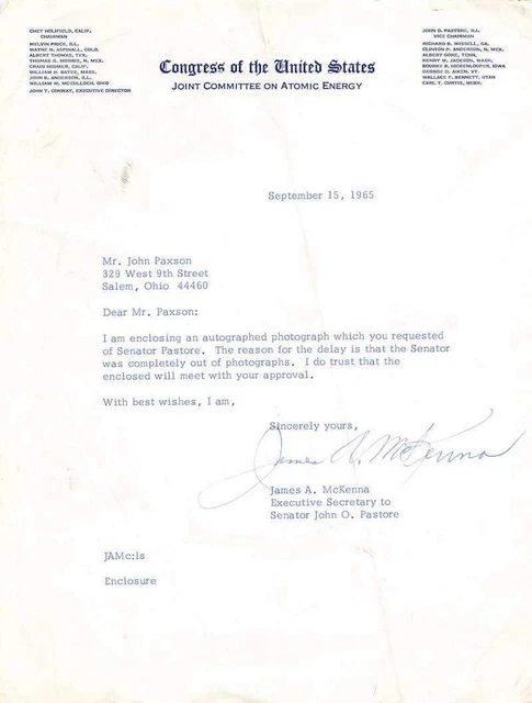 James McKenna Autograph Signed Congress Atomic Energy Committee Letter 1965
