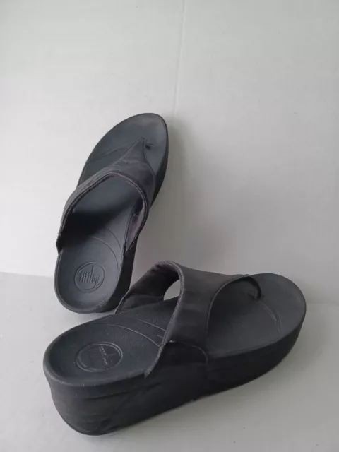 Fitflop Lulu Black Leather Thong Flip Flop Wedge Sandals (288-001) Women's Sz 7