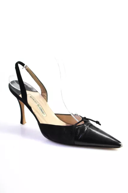 Manolo Blahnik Womens Pointed Slingback Pumps Black Leather Suede Size 39