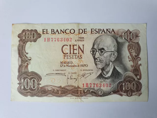 Spain  100 Pesetas  Banknote 1970 Serial No  1H7763402