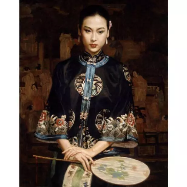 High quality Oil painting Chinese Qing Dy noblelady portrait with fan standing