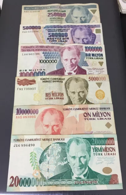 Turkey, 7.emission, 6 Pcs Set, 250.000 to 20000000, Turkish Banknotes