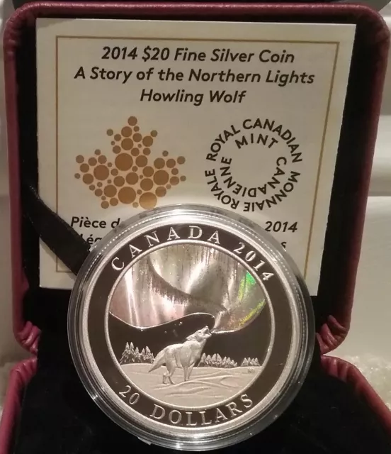 Northern Lights Howling Wolf $20 2014 1OZ Pure Silver Proof Coin Canada