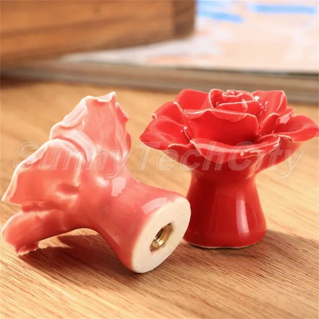 2 x boutons de porte fleur de rose en céramique tiroir armoire cuisine poignées de traction 3