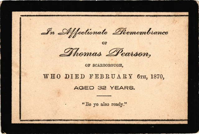 US Victorian 1870 Remembrance Mourning Card - Thomas Pearson. Embossed Text.