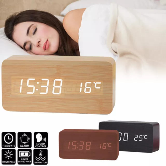 LED Digital Wecker Tischuhr Holz Uhr Beleuchtet Nacht Thermometer Snooze Al S0A4