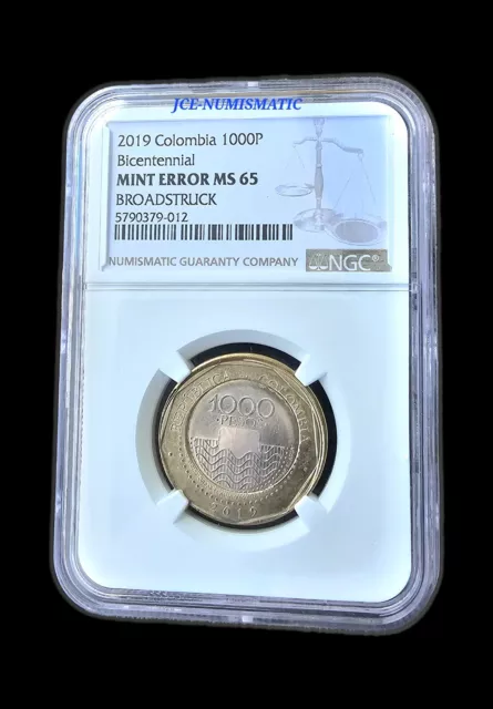 2019 -1000 Pesos Colombia Bicentenial Coin -MINT ERROR MS65 -BROADSTRUCK -KM#299