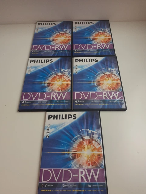 DVD-RW Disc 4.7 GB Data. 120 Minutes Video Certified Philips Writeable DVDs X 5